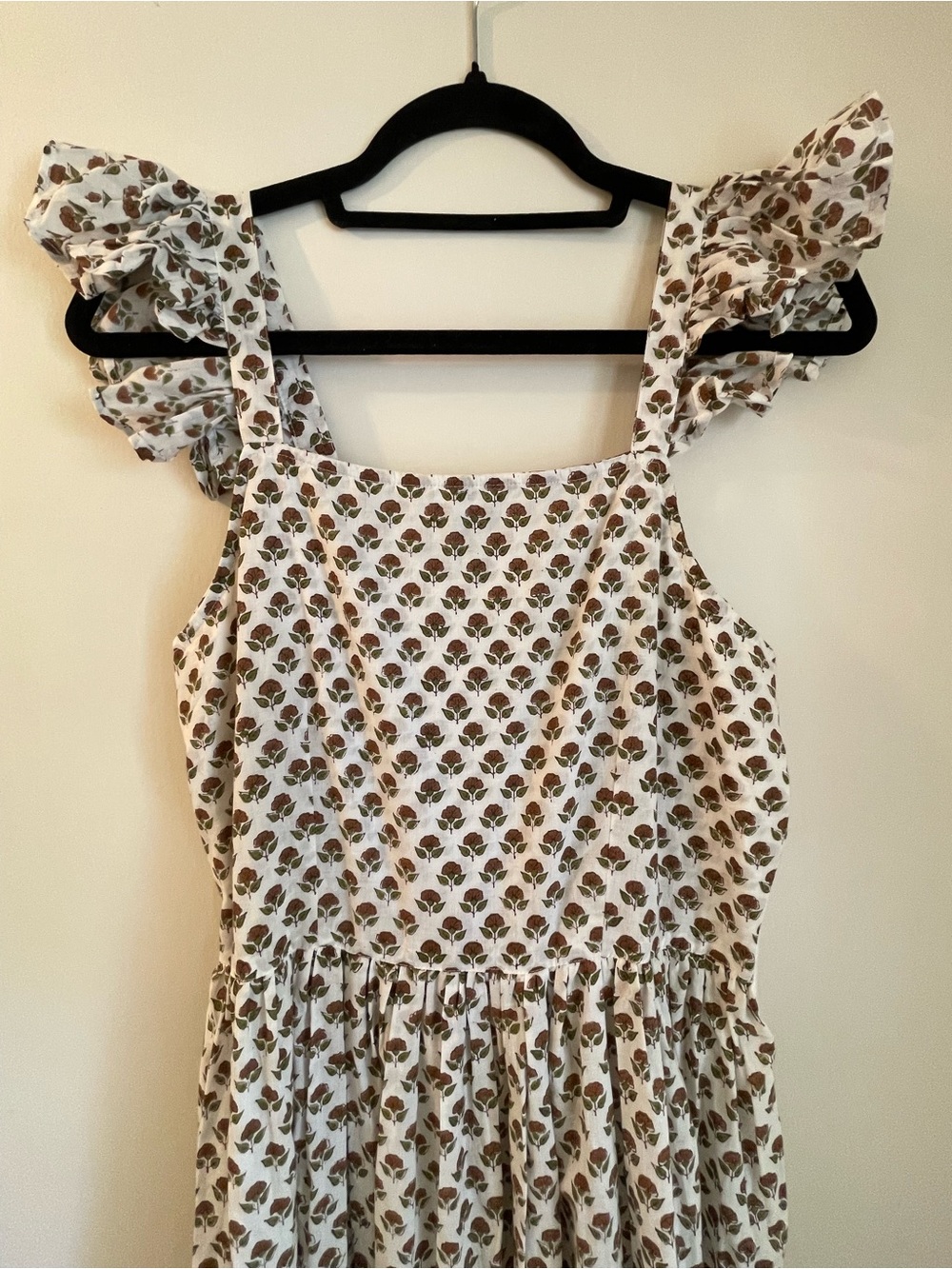 Daughters of India White Dress with Olive Green and Brown Floral Print